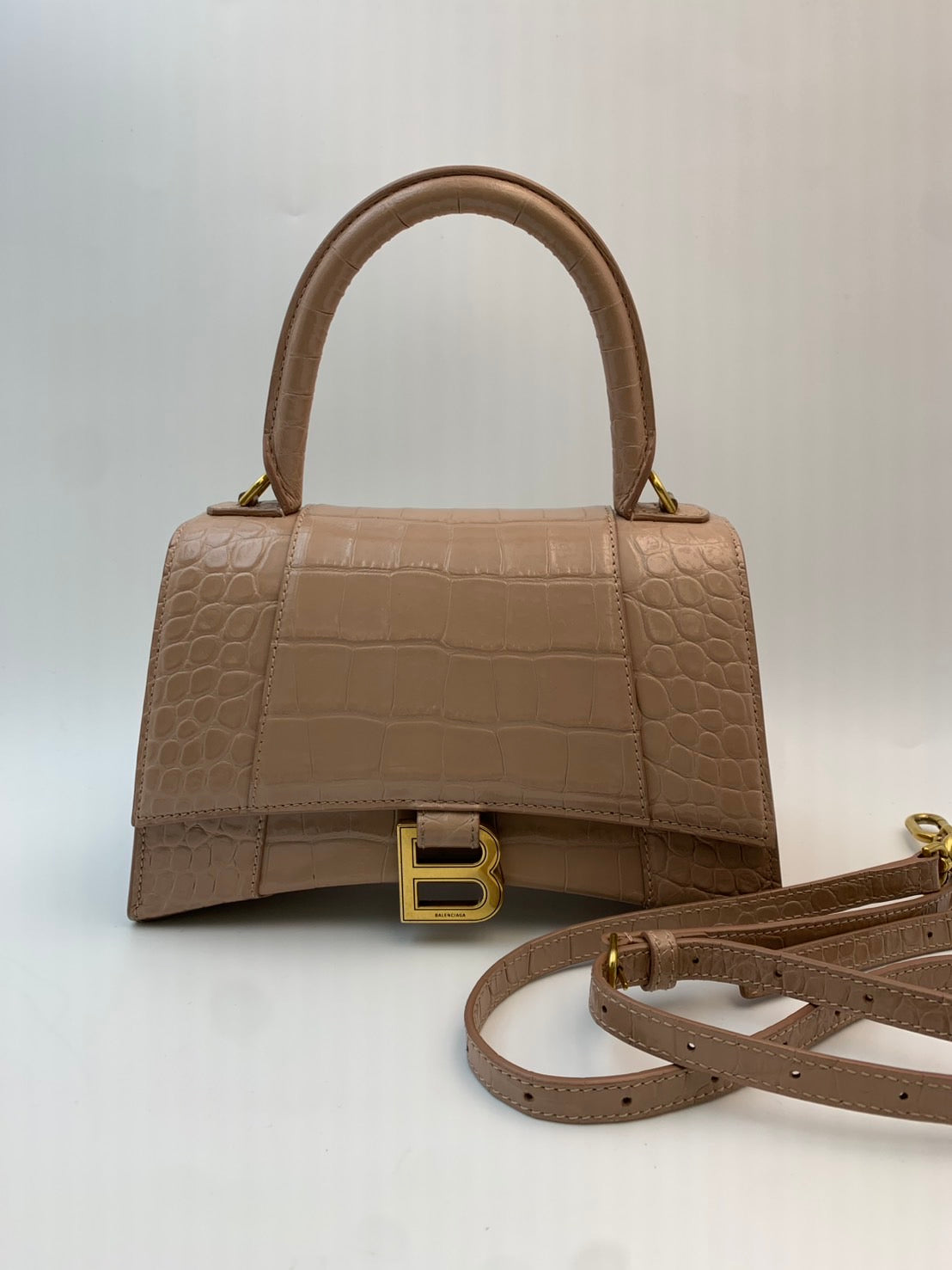 Balenciaga Hourglass Top Handle クロコ型押しレザー ベージュピンク