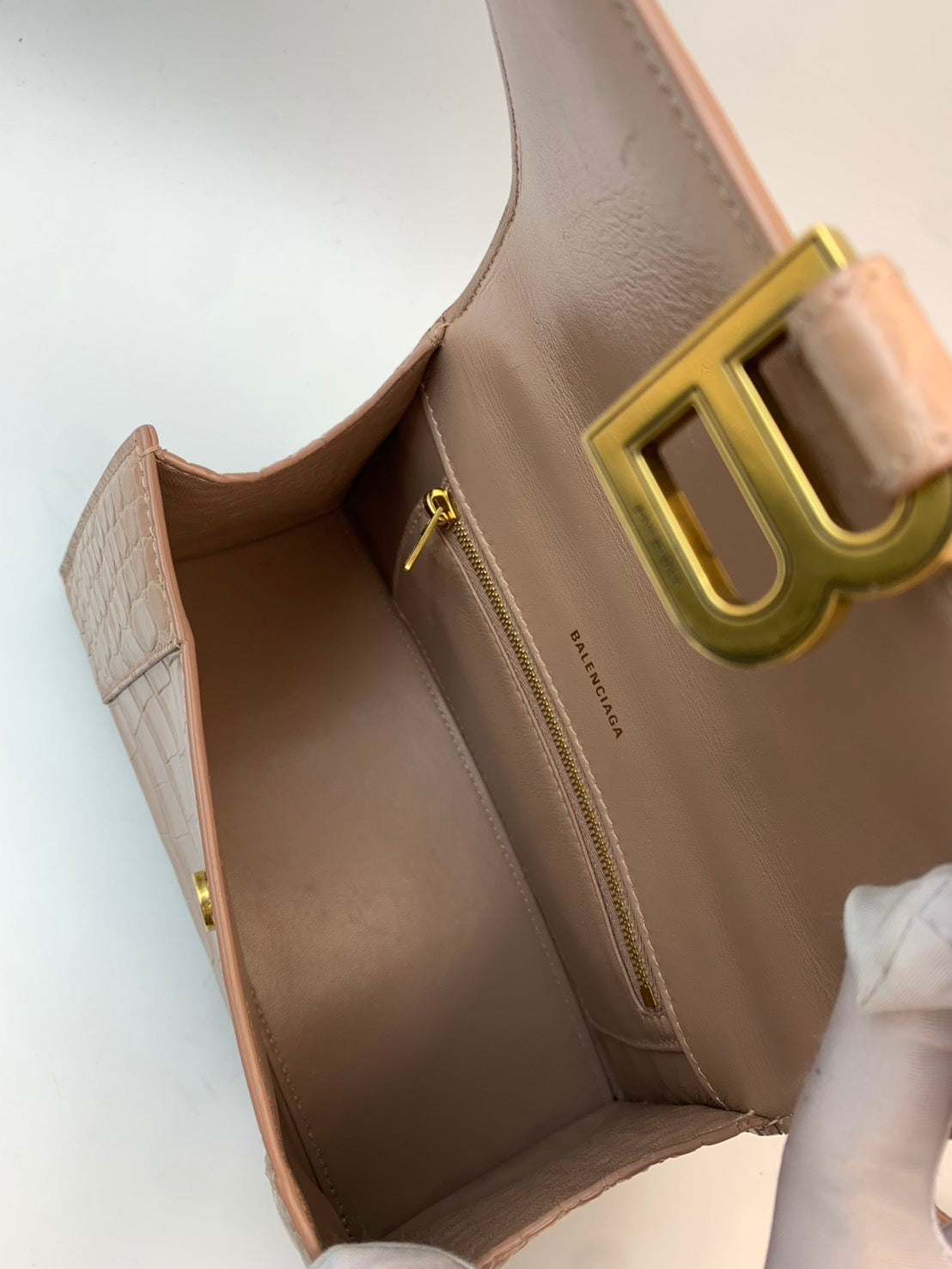 Balenciaga Hourglass Top Handle クロコ型押しレザー ベージュピンク